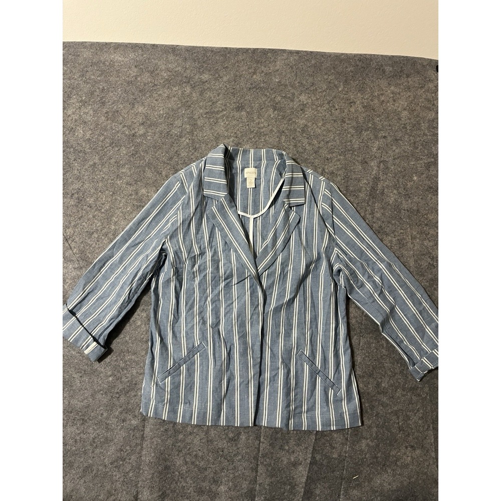 Chicos Blazer Womens 2 Blue White Striped Open Shoulder Pads Stretch